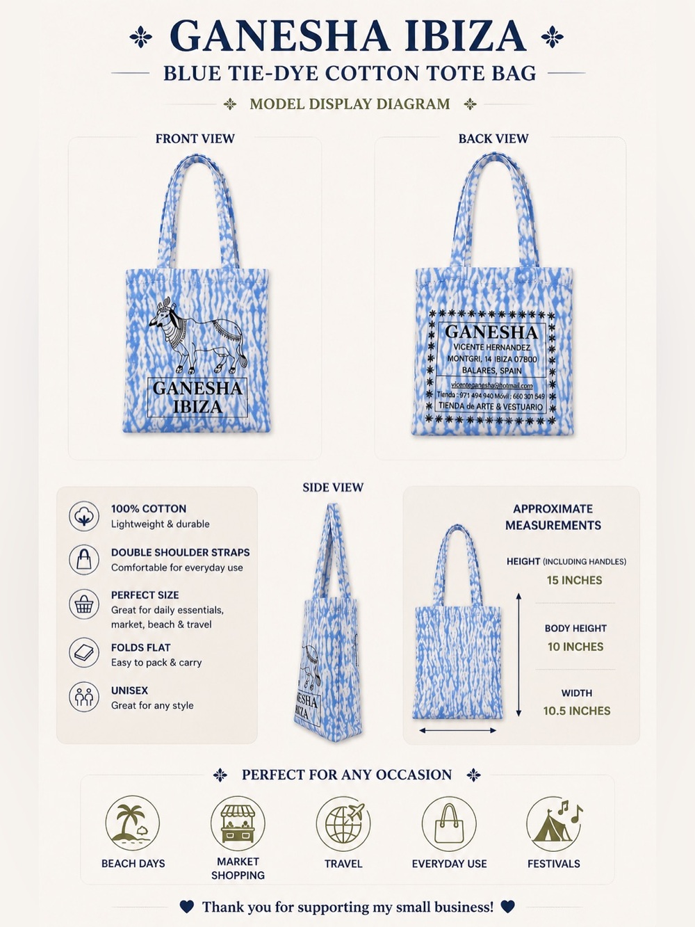 Ganesha Ibiza Blue Tie-Dye Cotton Tote Bag Boho Beach Market Shopper 14" x 21”